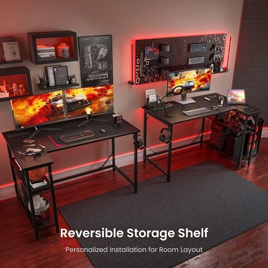 L Shaped Gaming Desk with Power Outlets, 120x70cm Computer Table Small Corner Desk with Large Reversible Storage Shelves, Home Office PC Workstation with Hooks for Writing Study, Black