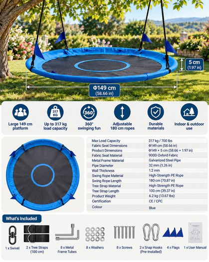 5ft Large Round Saucer Tree Swing 317kg  Blue Outdoor Garden Swing