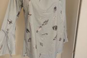 Blue/grey feather print off shoulders long sleeve blouse size UK18/20 EU46/48 Postage included