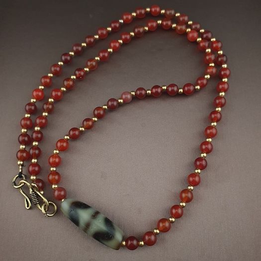 Antique Zigzag Tibetan Agate Pendant With Carnelian Beads Necklace