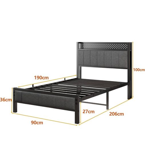 Single Bed Frame with Storage Headboard Shelf, No Box Spring Needed 3ft Upholstered Bed Frame with Heavy Duty Metal Slats, Easy Assembly,Gray, for Small Bedroom, Dorm, Guest Room