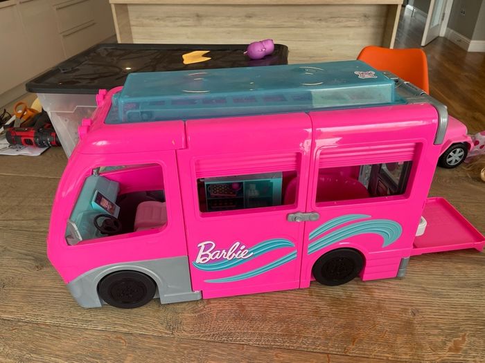 Barbie campervan, wardrobe and gymnastics bar, lots of spare of accessories also included (no photo)