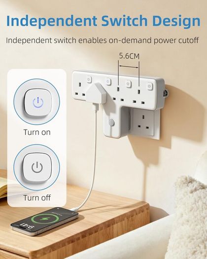 Multi Plug Adopter, Plug Extension with Independent Switches, 4 Way Plug Adapter UK Built-in Surge Protector, 4 in 1 Wall Socket Plug Extender with 180 Degree Rotation Button