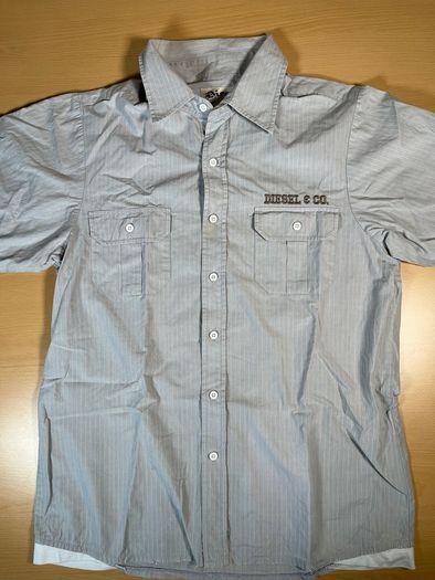 Diesel Embroidered Short Sleeve Button Up Shirt - Mens Sz M - Blue Grey Stripe