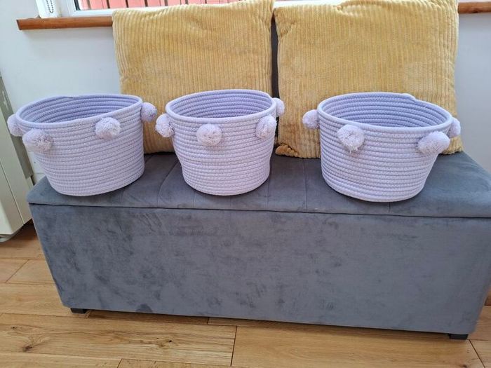 5 X Lilac Pom Pom Storage Baskets