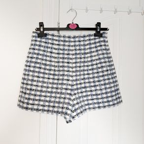 Zara Blue White Plaid Check Tweed High Waisted Shorts Size M