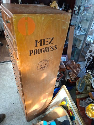 Beautiful Rare Old MEZ Progress Advertising Cabinet with Numbered Drawers 1 to 10 with Contents