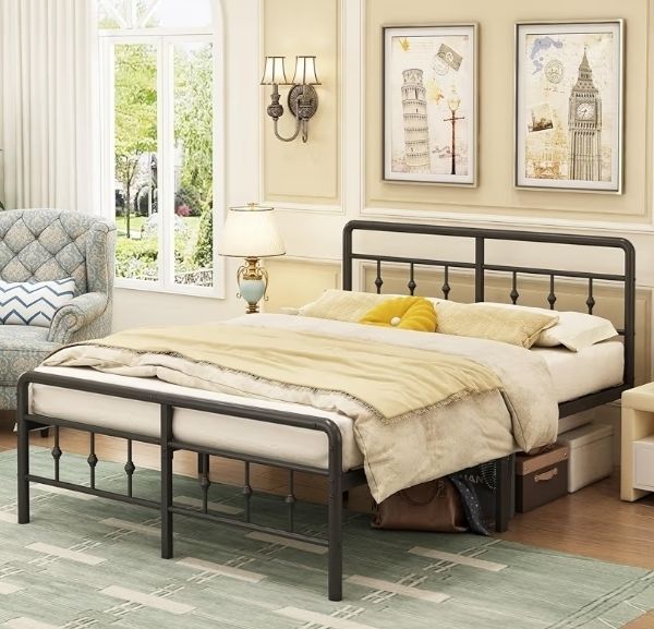 King Size Bed Frame with Victorian Headboard and Footboard, Metal Bed Frame with Heavy Duty Steel Slats Support, Ample Storage Space, Noise Free, Easy Assembly, Black
