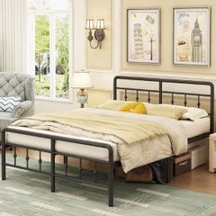 King Size Bed Frame with Victorian Headboard and Footboard, Metal Bed Frame with Heavy Duty Steel Slats Support, Ample Storage Space, Noise Free, Easy Assembly, Black