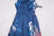 Closet London Teal Blue Floral Box Pleated Sleeveless A-Line Skater Dress 12UK/40EU