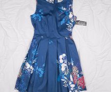 Closet London Teal Blue Floral Box Pleated Sleeveless A-Line Skater Dress 12UK/40EU