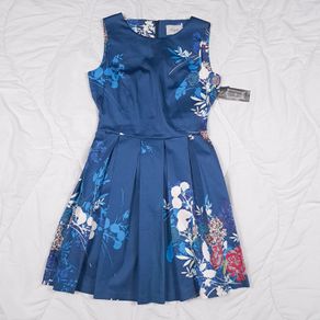 Closet London Teal Blue Floral Box Pleated Sleeveless A-Line Skater Dress 12UK/40EU