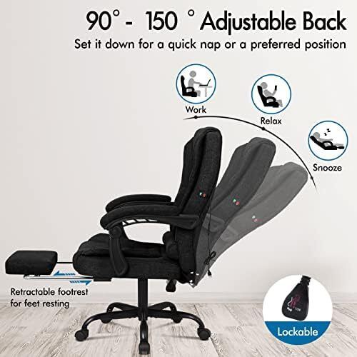 Massage Office Chair for Home Office, Desk Chair 77 cm High Back 150 degree Recliner Tilt Function Padded Swivel Fabric, Black