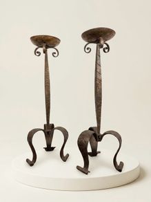 Rare Antique Brutalist Gothic Wrought Iron Candlesticks