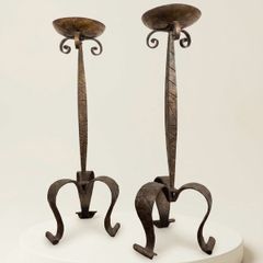 Rare Antique Brutalist Gothic Wrought Iron Candlesticks