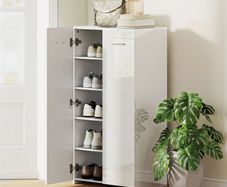 High-gloss shoe cabinet, shoe storage with adjustable shelves for hallway, entry, space for 10 pairs, white