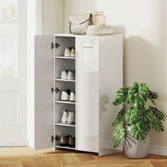 High-gloss shoe cabinet, shoe storage with adjustable shelves for hallway, entry, space for 10 pairs, white