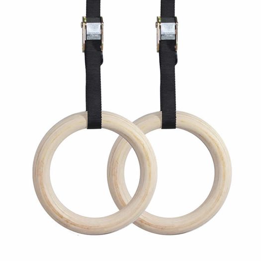 Top Quality Olympic Strength Gym Rings Made of Wood (32mm)with Buckle Straps