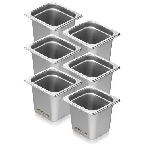 6 Pack Hotel Pans, 1/6 Size Anti-Jam Steam Pan, 0.8mm Thick Stainless Steel Restaurant Steam Table Pan, 6-Inch Deep Commercial Table Pan, Catering Storage Food Pan, for Industrial & Scientific
