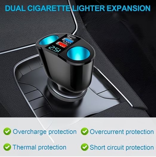 Car Cigarette Lighter Adapter, USB + Type-C Car Phone Charger Adapter,
