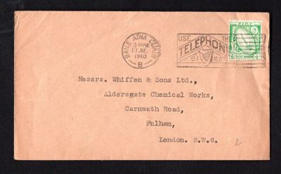 1940 Ireland Use the Telephone Slogan Cancel tying 1/2d sword definitive stamp on plain cover. Date 13th June 1940