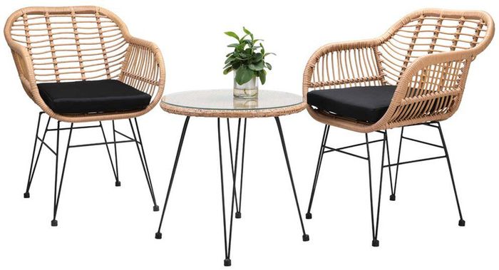 _3-Piece. Balcony Set Side Table 2 Lounge Chairs Indoor Outdoor Weatherproof Natural Poly Rattan Look Garden Balcony Set