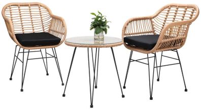 _3-Piece. Balcony Set Side Table 2 Lounge Chairs Indoor Outdoor Weatherproof Natural Poly Rattan Look Garden Balcony Set