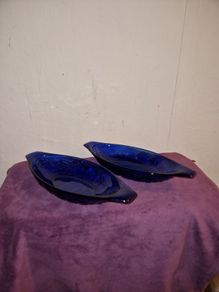 Pair of vintage cobalt blue banana split boats