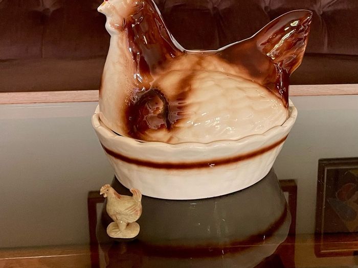Vintage Rustic Cream Ceramic Hen on Nest Egg Keeper Storage Jar