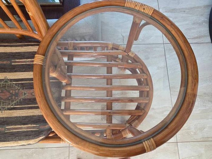 Vintage Rattan Telephone Chair / Gossip Chair with Glass Side Table