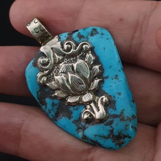 Vintage Silver Bird & Flower Desgin Turqouise Pendant