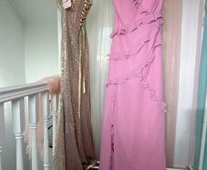 Peach Pink Ruffle Strap Long Gown