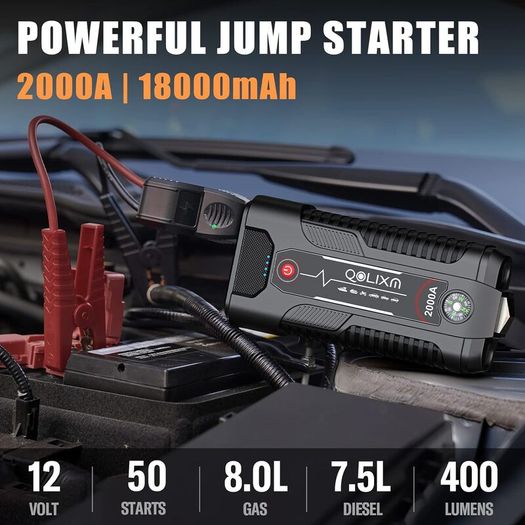 Dl100 Jump Starter, 2000A 18000mAh Battery Starter for Up 8.0L Gas/7.5L Diesel Engines, Car Starter