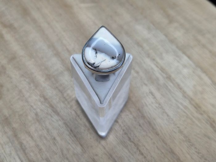 Vintage Sterling Silver 925 Dendritic Merlinite Opal Quartz Teardrop Statement Ring