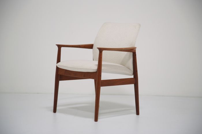 Vintage Danish Teak and White Boucle Armchair by Grete Jalk, 1960s.