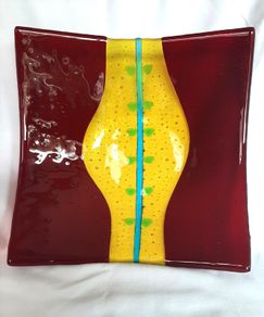 Red and yellow fused glass tray
