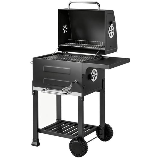 Portable Charcoal Grill with Stainless Steel Grates Side Shelf Thermometer Ash Pan and Wheels Black