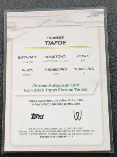 Frances Tiafoe Green Geometric Autograph Refractor 30/99 2026 Topps Chrome Tennis