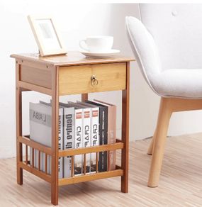 Bamboo Bedside Table with Drawer Bedroom Nightstand Plant Storage Shelving Unit