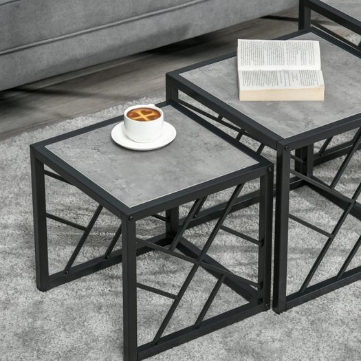 Set of 3 Nest of Tables Square Side Tables with Metal Frame, Grey (FREE POSTAGE)
