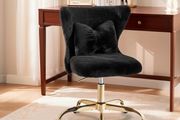 Vanity Chair with Gold Wheels &amp; Bow Pillow, Girl's Office Chair  Fluffy Desk Chairs for Home Office &amp; Bedroom, Height Adjustable&amp; Easy to Assemble, Black