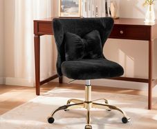 Vanity Chair with Gold Wheels & Bow Pillow, Girl's Office Chair  Fluffy Desk Chairs for Home Office & Bedroom, Height Adjustable& Easy to Assemble, Black