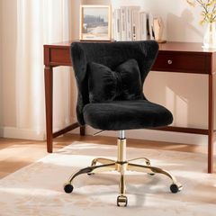 Vanity Chair with Gold Wheels & Bow Pillow, Girl's Office Chair  Fluffy Desk Chairs for Home Office & Bedroom, Height Adjustable& Easy to Assemble, Black