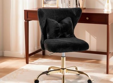 Vanity Chair with Gold Wheels & Bow Pillow, Girl's Office Chair  Fluffy Desk Chairs for Home Office & Bedroom, Height Adjustable& Easy to Assemble, Black