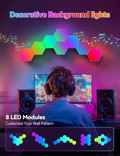 Hexagon LED Lights,8 Pack RGB Gaming Hex Wall Light Panels Sync to Music,Smart Lights with APP & Remote & Wired Control for Room Bar Bedroom Home Gaming Room Decor Present