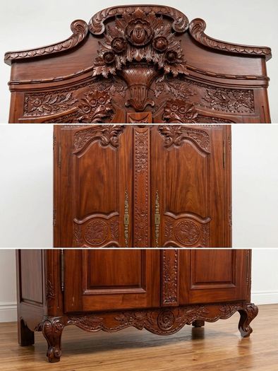 Magnificently Carved Antique French-Style Walnut Wardrobe / Armoire