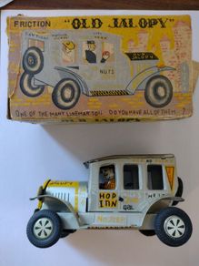 Line-Mar Tin Car: Friction Old Jalopy with Siren and Driver - (1940s-1950s with Box Rare)