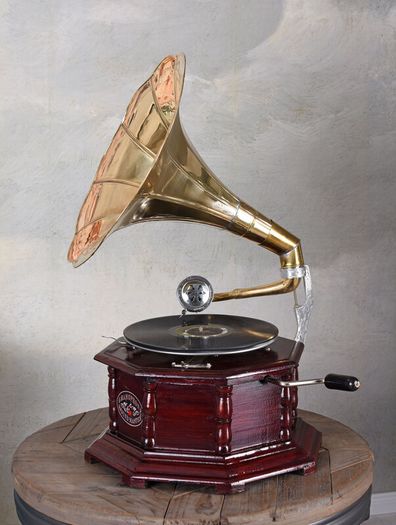 Vintage Gramophone Villa Fitzgerald Replica Wooden Case Brass Horn 1920s Style