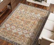 Area Rug, 7.5 x 9.5 ft Large Washable Rug, Non-Slip and Tear-Resistant Soft Carpet, Pet & Child Friendly Vintage Area Rugs, Indoor Mat for Bedroom, Living Room, Office, Entryway, Brown Green
