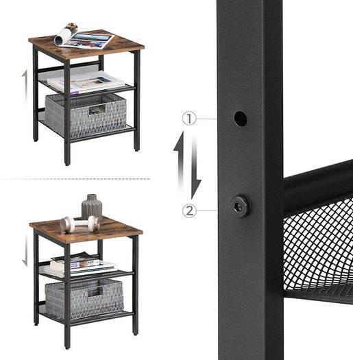 _Side Tables, Set of 2, Bedside Tables, Industrial Style, with Adjustable Mesh Shelves, for Living Room, Bedroom, Hallway, Office, Stable, Rustic Brown and BlackSide Tables, Set of 2, Bedside Tables, Industrial Style, with Adjustable Mesh Shelves, for Liv